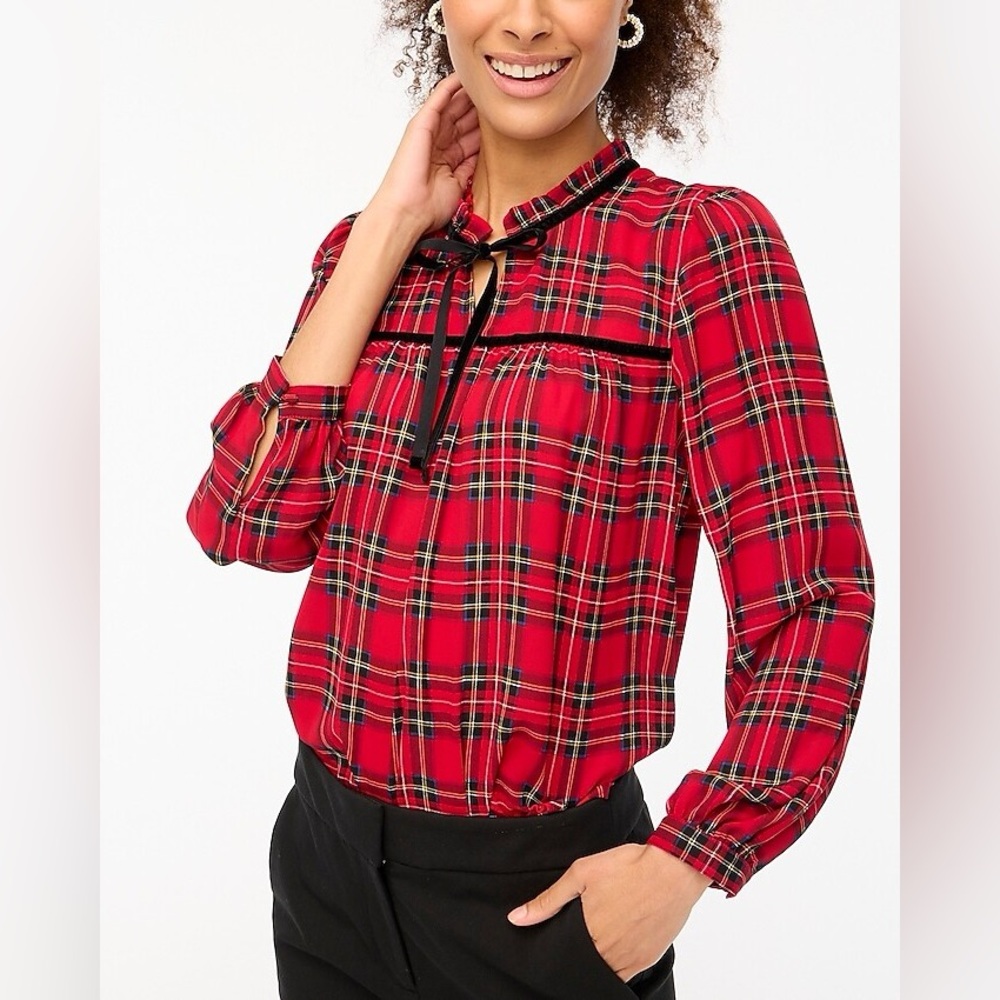 J. Crew Factory Velvet‎ Tie-Neck Blouse In Bright Red Tartan Plaid Size Medium